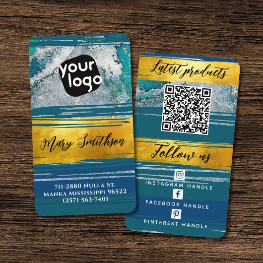 ロゴの追加QRコード&ソーシャルメディア金ゴールドジェードグリーン 名刺