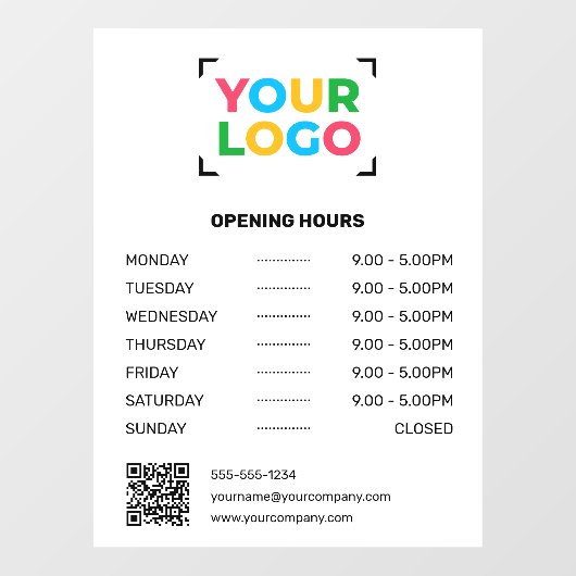 ロゴはこちらカスタム営業時間ビジネスホワイト ウィンドウサイン (シート)