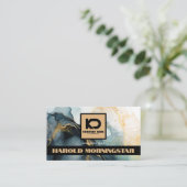 ロゴはっきりしたダークブルー金ゴールド流体インクQR 名刺 (スタンド正面)