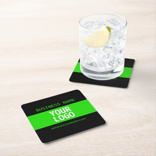 ロゴまたはイメージ | 黒と明るい緑 スクエアペーパーコースター (インサイチュ)