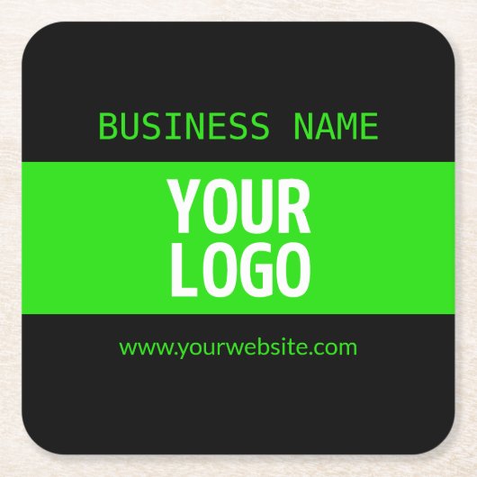 ロゴまたはイメージ | 黒と明るい緑 スクエアペーパーコースター (正面)