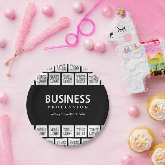 ロゴを並べて表示したパターンと編集可能なビジネス名 ペーパープレート (パーティー)