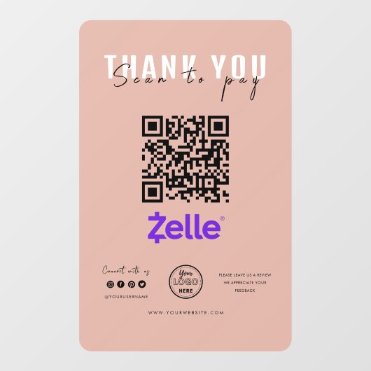 ロゴを支払うためにスキャンありがとうQRコードZelleピンク ウィンドウサイン (シート)