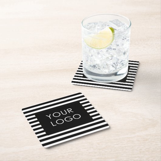 ロゴを追加するカスタマイズ可能なビジネスブラックストライプ スクエアペーパーコースター (インサイチュ)