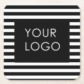 ロゴを追加するカスタマイズ可能なビジネスブラックストライプ スクエアペーパーコースター (正面)