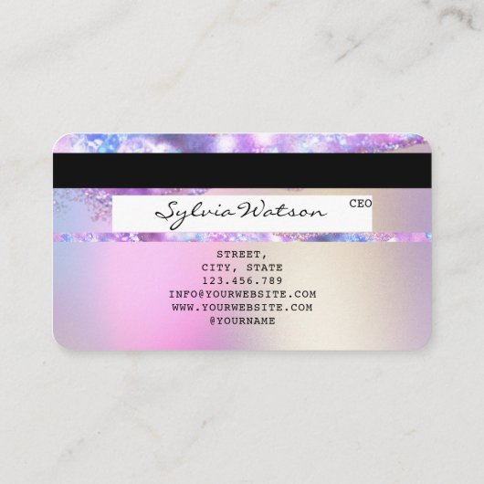 ロゴを追加するクレジットカードのスタイルを設定したオパール虹色 名刺 (裏面)