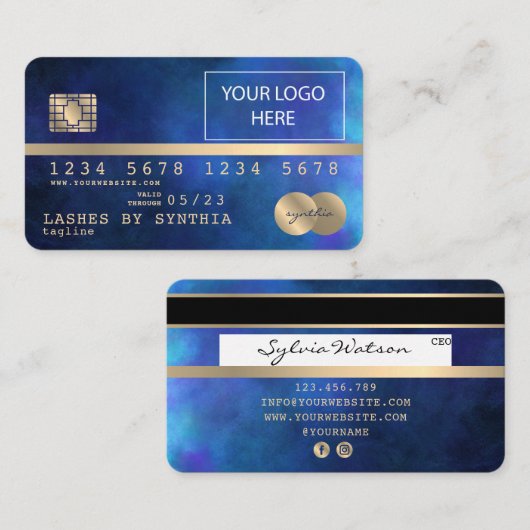 ロゴを追加するクレジットカードのスタイルを設定した金ゴールドと海軍 名刺 (正面/裏面)