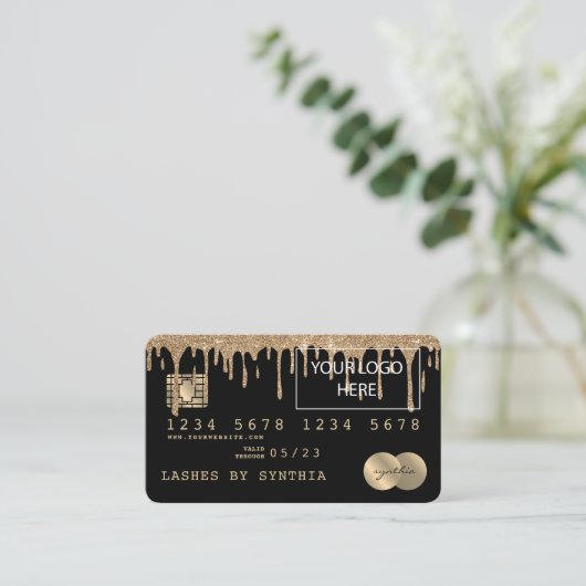 ロゴを追加するクレジットカードのスタイル付き滴下金ゴールド 名刺 (スタンド正面)