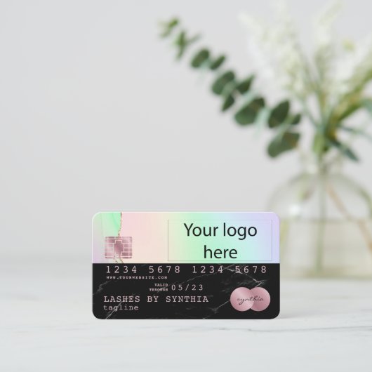 ロゴを追加するクレジットカードの黒い大理石ユニコーン 名刺 (スタンド正面)