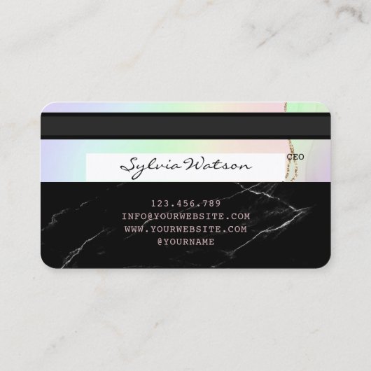ロゴを追加するクレジットカードの黒い大理石ユニコーン 名刺 (裏面)