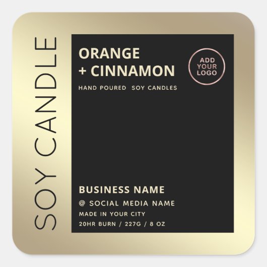 ロゴを追加するミニマルなブラック金ゴールドキャンドル スクエアシール (正面)