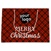 ロゴを追加する赤と黒のプレイドメリークリスマス ラージペーパーバッグ (正面)