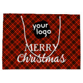 ロゴを追加する赤と黒のプレイドメリークリスマス ラージペーパーバッグ (裏面)