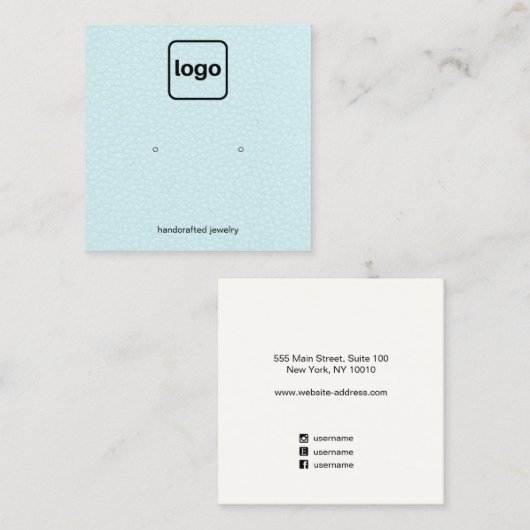 ロゴを追加アクアブルーレザースタッドイヤリングディスプレイ スクエア名刺 (正面/裏面)