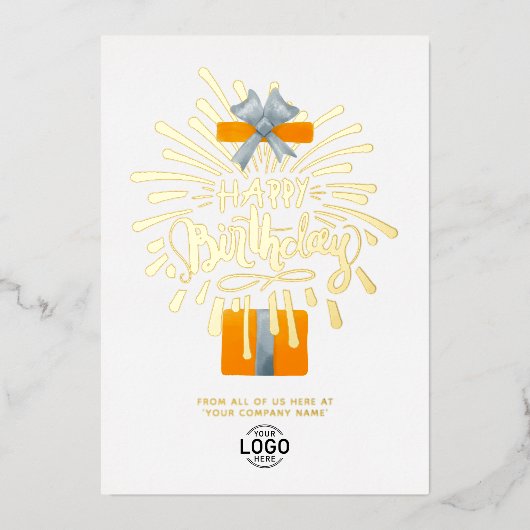 ロゴを追加オレンジギフト花火ビジネス誕生日 箔招待状 (正面)
