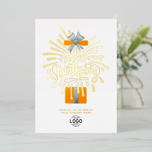 ロゴを追加オレンジギフト花火ビジネス誕生日 箔招待状 (立ち正面)