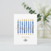 ロゴを追加ネイビーブルーキャンドルビジネスハッピーバースデー シーズンポストカード (スタンド正面)