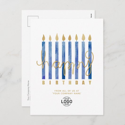 ロゴを追加ネイビーブルーキャンドルビジネスハッピーバースデー シーズンポストカード (正面/裏面)