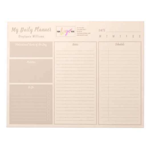 ロゴを追加ベージュのパーソナライズされた波付き毎日プランナー ノートパッド (正面)