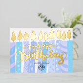 ロゴを追加ルーズおもしろいブルーキャンドル企業の誕生日 箔招待状 (立ち正面)