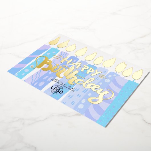 ロゴを追加ルーズおもしろいブルーキャンドル企業の誕生日 箔招待状 (回転した状態)