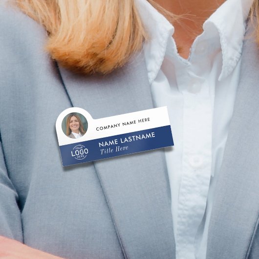ロゴを追加Photo モダン Navy Blue White Business 名札