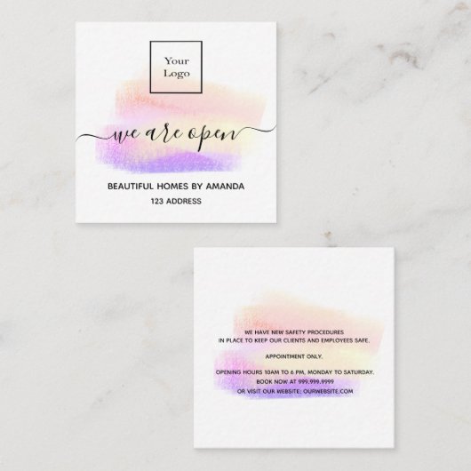 ロゴを開く白いパステルインテリアデザイナー スクエア名刺 (正面/裏面)