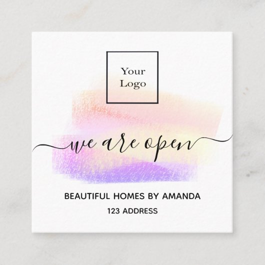 ロゴを開く白いパステルインテリアデザイナー スクエア名刺 (正面)