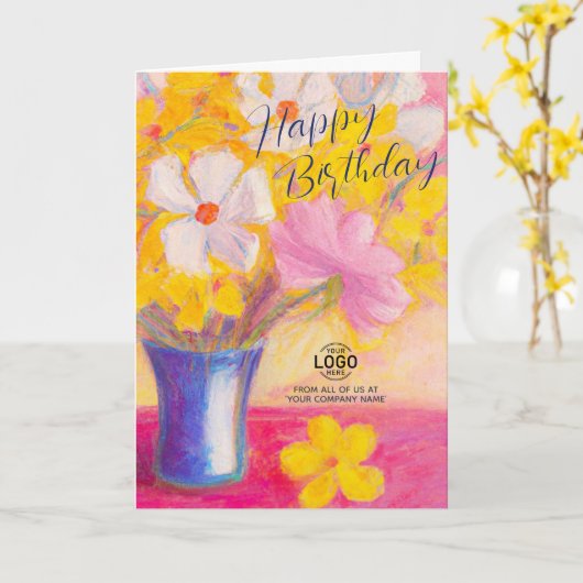ロゴアートピンクイエローフラワービジネス誕生日の追加 カード (黄色い花)