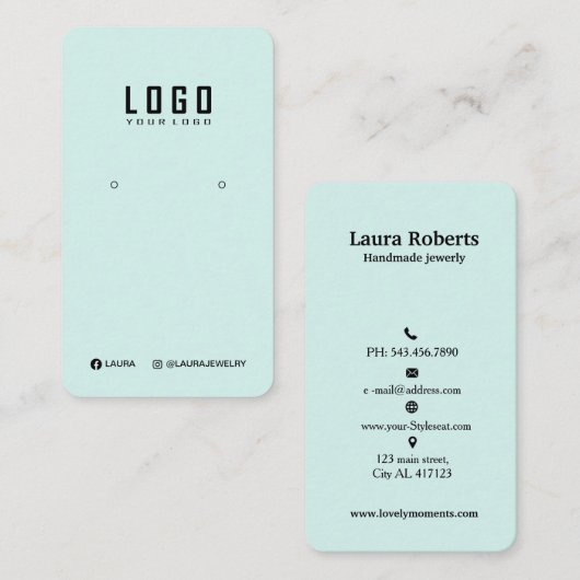 ロゴイヤリングディスプレイカードソーシャルメディアパステルティール（緑がかった色） 名刺 (正面/裏面)