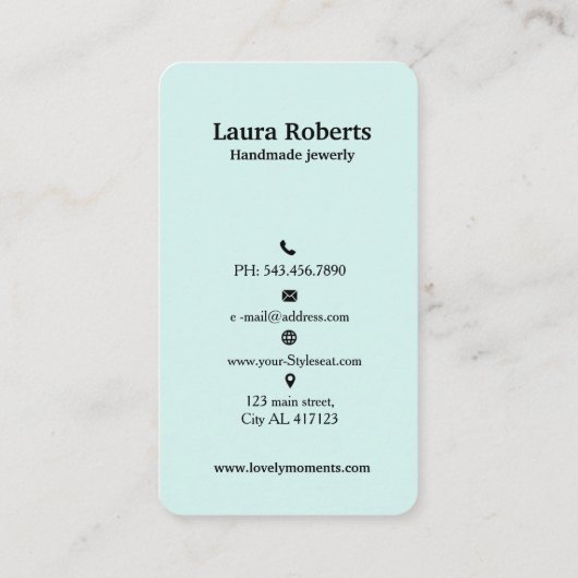 ロゴイヤリングディスプレイカードソーシャルメディアパステルティール（緑がかった色） 名刺 (裏面)