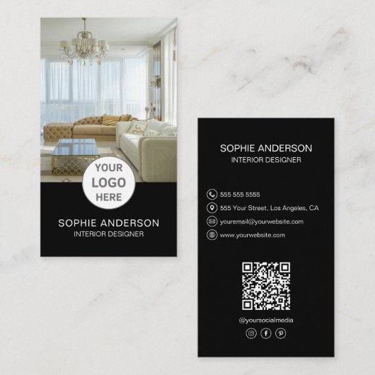 ロゴインテリアデザイナーフォトQRソーシャルメディアブラック 名刺 (正面/裏面)