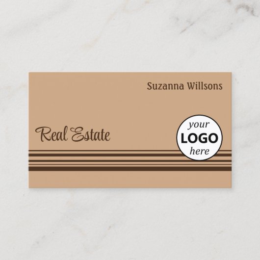 ロゴエレガントと写真がストライプ付いたベージュのブラウンの 名刺 (正面)