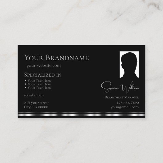 ロゴエレガントと写真が入った無地の黒銀 名刺 (裏面)