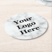 ロゴエレガントをここに白い大理石 ラウンドペーパーコースター (アングル)
