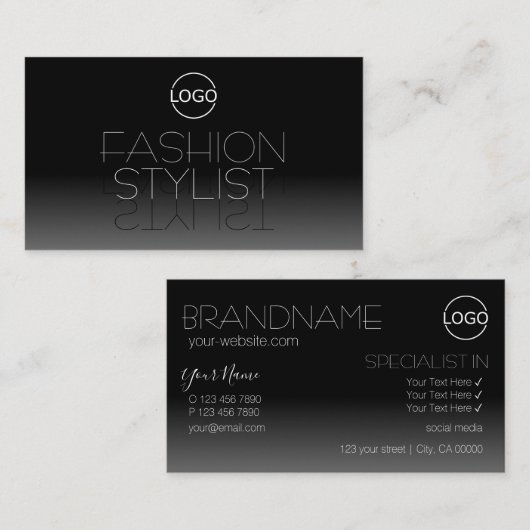 ロゴエレガント付き白黒シック鏡フォント 名刺 (正面/裏面)