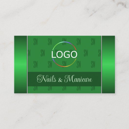 ロゴエレガント写真とモノグラムパターン付き緑 名刺 (正面)