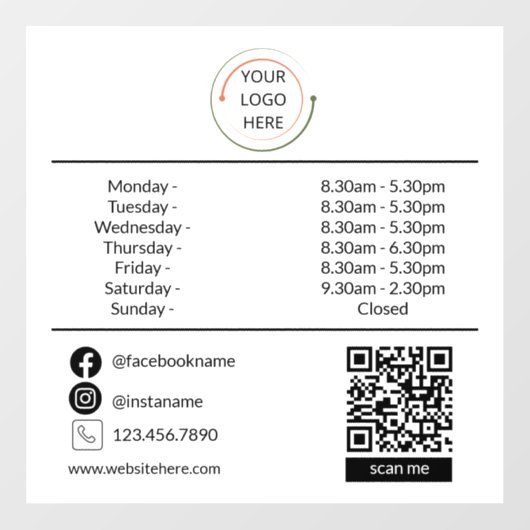 ロゴカスタムとQRが付いた営業時間枠 ウィンドウサイン (シート)