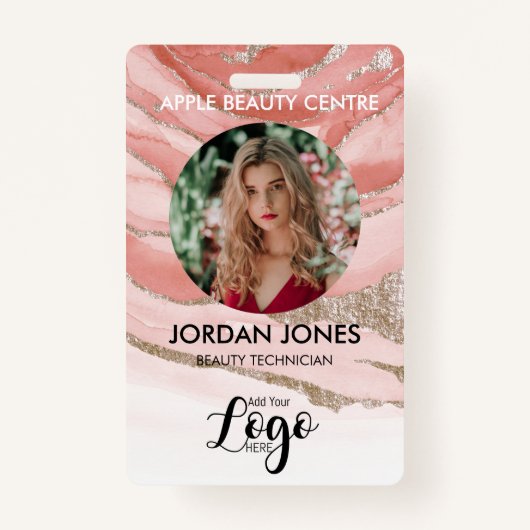 ロゴカスタムビジネススタッフ写真ピンクグリッター バッジ (正面)