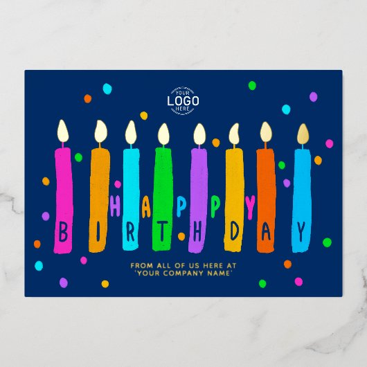 ロゴキャンドルネイビーブルービジネス誕生日金ゴールド 箔招待状 (正面)