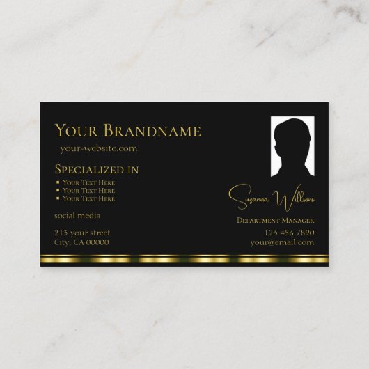 ロゴクラシックとフォトシックでシンプルなブラック金ゴールド 名刺 (裏面)