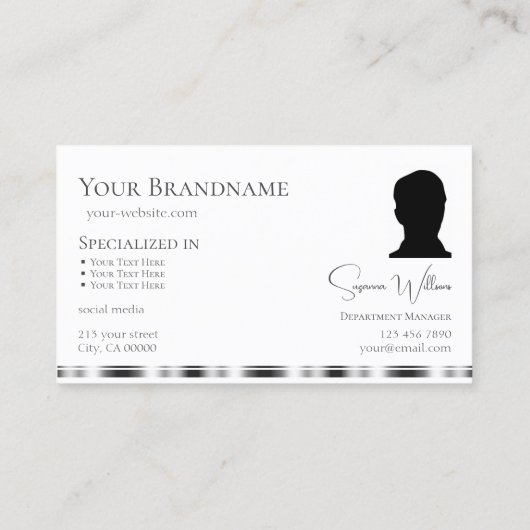 ロゴクラシックと写真が付いた無地の白いシルバー 名刺 (裏面)