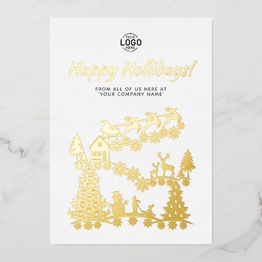 ロゴクリスマスシーン金ゴールドホワイトホリデーカード 箔招待状 (正面)