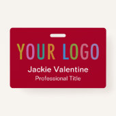 ロゴクリップリールまたはラニヤード付きダークレッドのネームバッジ バッジ (正面)