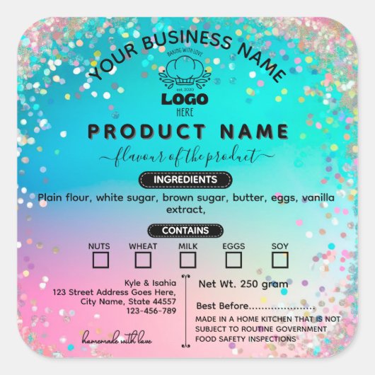 ロゴコテージ法の食品ラベルをホログラフィックに追加 スクエアシール (正面)