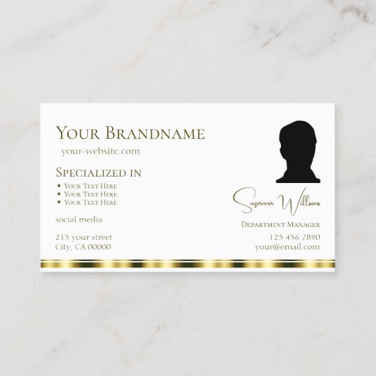 ロゴスタイリッシュとフォトシック付きプレーンホワイト金ゴールド 名刺 (裏面)