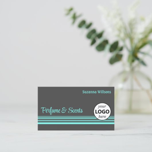 ロゴスタイリッシュと写真を含むダークストライプグレイティール(緑がかった色) 名刺 (スタンド正面)