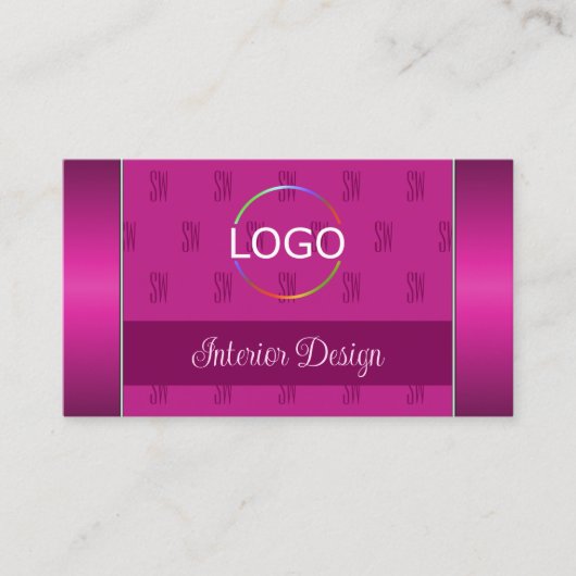 ロゴスタイリッシュガーリーモノグラムと写真を使用したピンク 名刺 (正面)