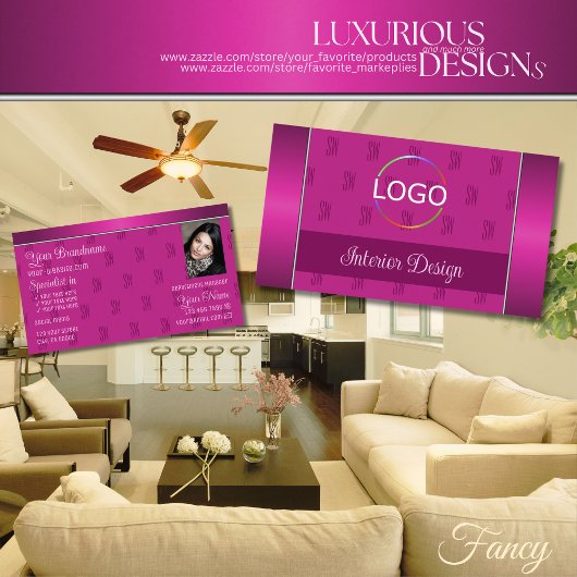 ロゴスタイリッシュガーリーモノグラムと写真を使用したピンク 名刺