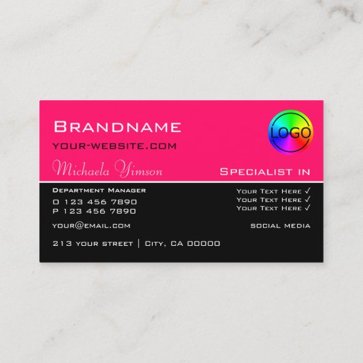 ロゴスタイリッシュ付きピンクとブラックのシックプロフェッショナル 名刺 (裏面)